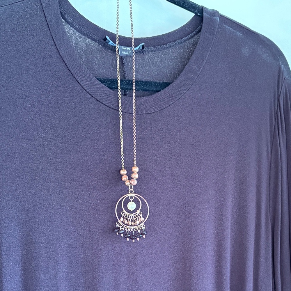 Vintage Boho Pendant Necklace EAST Signed Brass Copper Beads Dangle Statement - Picture 2 of 5